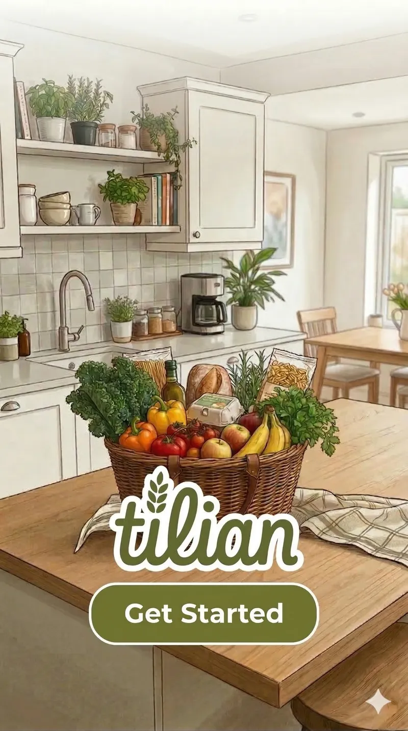Tillian meal planning app interface showing weekly meal plan and grocery list